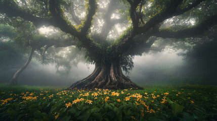 A giant kapok tree standing tall in a misty rainforest with vines and orchids adorning its trunk.