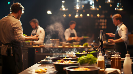 A glamorous cooking show finale with chefs showcasing their final dishes to judges.
