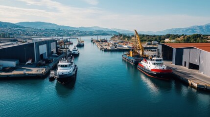 Fototapeta premium Aerial View of Busy Harbor with Tugboats and Industrial Structures Surrounded by Mountains Under Clear Blue Sky in Daylight, Perfect for Maritime and Industrial Themes