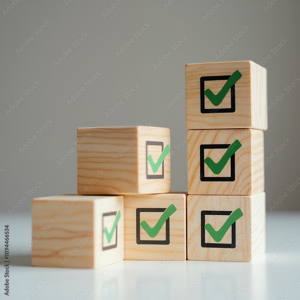 Poster Check Mark Icons for Job Lists on Wooden Blocks Representing Task Management, Quality Control, and Achievement of Goals