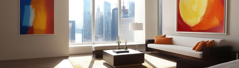 Fototapeta premium Modern living room with city view, featuring abstract art and minimalist decor.