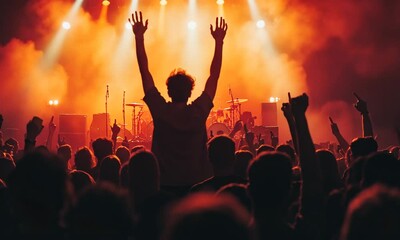 Silhouetted Concertgoer with Raised Arms at a Rock Concert - Powered by Adobe