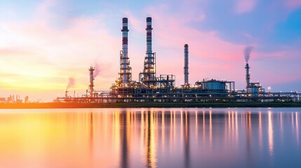 Obraz premium A vibrant industrial landscape featuring smokestacks and a reflection in water at sunset, highlighting the intersection of nature and industry.
