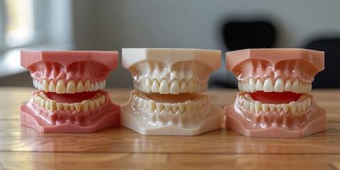 Three dental models displaying varying tooth conditions on a table.