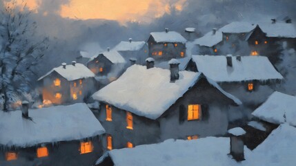 Cozy Snow Covered Village at Sunset