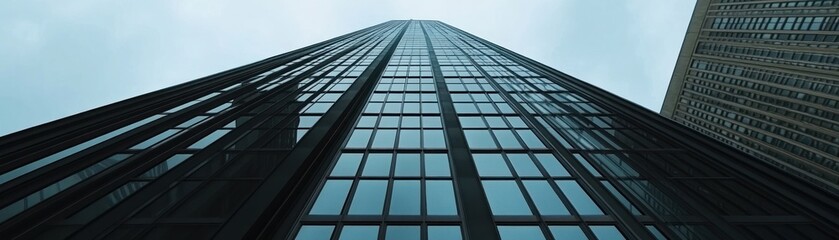 Fototapeta premium A low-angle view of a modern skyscraper with reflective glass windows against a cloudy sky.