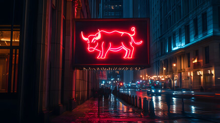 A glowing neon sign of a charging bull placed above the entrance of a bustling financial district.