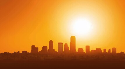 Obraz premium A vibrant sunset casts an orange glow over a city skyline, highlighting buildings against the luminous backdrop.
