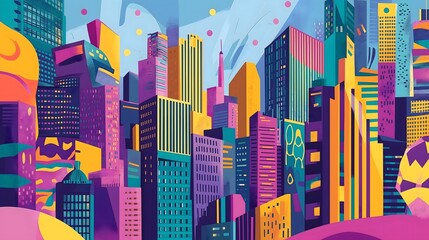 Vibrant Cityscape Abstract Art, Colorful Buildings Illustration
