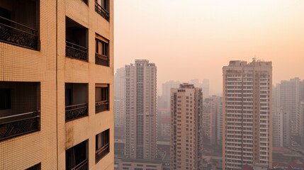 Obraz premium A hazy urban skyline at sunset, showcasing tall buildings and a muted atmosphere, highlighting city life and architecture.
