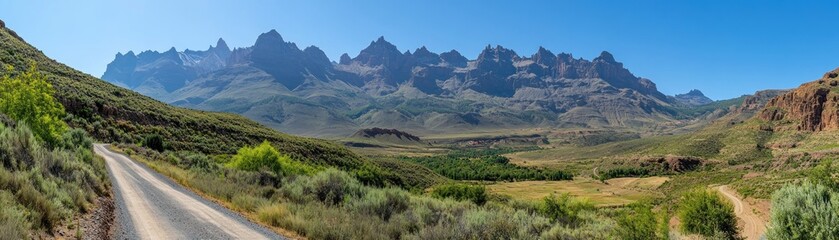 Naklejka premium Majestic High-altitude Peaks Rising Over Rugged Cliffs A Breathtaking Panorama of Serene Mountain Majesty, showcasing towering peaks against a vibrant blue sky Discover the awe-inspiring beauty of
