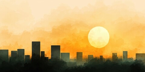 A serene city skyline at sunset, featuring silhouetted buildings against a warm, glowing orange sky and a large sun.