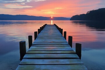 Obraz premium Serene morning scene with a breathtaking sunrise over a calm lake, reflecting the vibrant colors of dawn A wooden dock extends into the tranquil water, offering a path towards the rising sun This