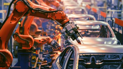 Robotic Arms Installing Audio Systems in Modern Car Factory Assembly Line