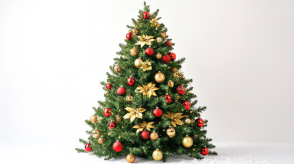 majestic Christmas tree, adorned with red and gold ornaments, evokes feelings of joy and warmth. festive decorations sparkle against pure white background