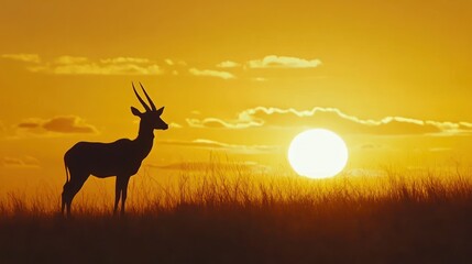 Naklejka premium A graceful antelope stands alert against a glowing Savannah sunset, its silhouette a striking testament to the natural elegance of this untamed land.