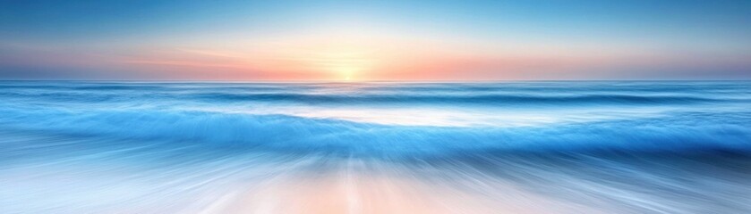 Obraz premium Serene sunrise casting light on a tranquil horizon, a breathtaking view of the ocean at dawn Peaceful waves gently caress the shore, creating a scene of ultimate serenity The soft hues of the sunrise