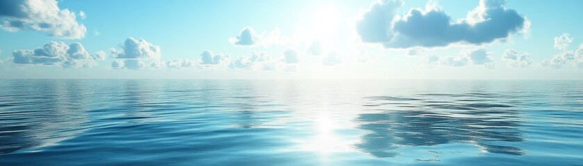 Serene Sunrise Horizon A breathtaking view of a softly glowing horizon under the light of sunrise, where the ocean mirrors the sky's radiant hues The tranquil scene showcases a peaceful sunrise