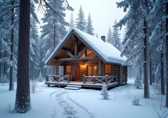 Cozy log cabin in a snowy forest landscape during winter twilight