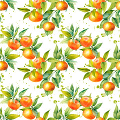 hand drawn watercolor orange fresh mandarins on branches with green leaves isolated on white