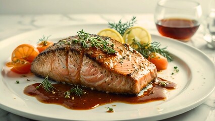 A juicy salmon fillet on a white plate, garnished with herbs and citrus, served with white wine and a bowl of citrus fruits in the background.
