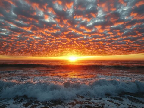 Witness the breathtaking spectacle of a vibrant sunrise horizon coming alive, painting the sky with fiery hues of orange, red, and pink The ocean waves dance beneath this celestial display, a