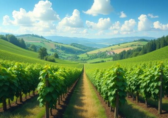 Fototapeta premium Beautiful vineyard landscape under clear blue sky with lush green grapevines