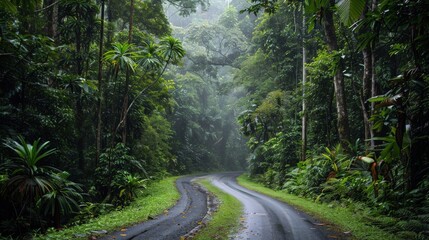 Fototapeta premium Rainforest road enveloped by dense trees and exotic flora