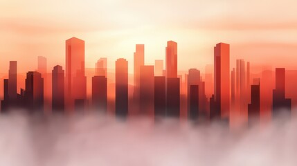 Fototapeta premium A stunning skyline silhouettes against a vibrant sunset, with hues of orange and red blending into the misty horizon, creating a serene urban atmosphere.