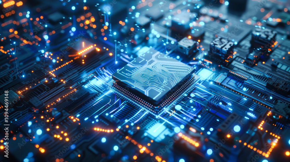 Poster close up of an advanced microchip with data flowing through it