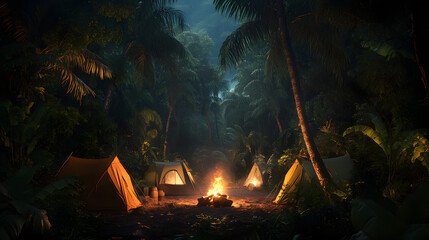 A jungle campsite at night with a glowing campfire and tents surrounded by towering trees.