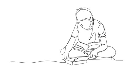 continuous line of boy reading a book sitting on the floor.one line drawing of happy boy studying.single line vector illustration.isolated white background