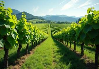 Lush vineyards stretch across rolling hills under a bright blue sky in summer landscape