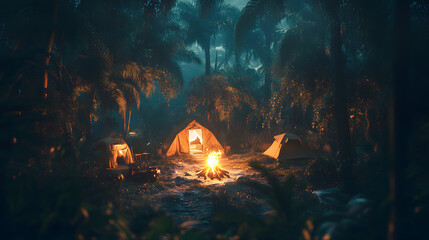 A jungle campsite at night with a glowing campfire and tents surrounded by towering trees.