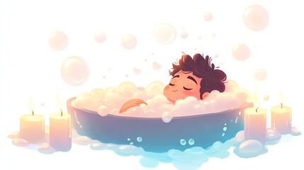 a 2D cartoon illustration of a person relaxing in a bubble bath with candles, calm and cozy, white background--ar 16:9