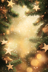 Festliche Weihnachtsdekoration mit goldenen Sternen und Tannenzweigen im funkelnden Bokeh-Hintergrund, erstellt mit grnerativer KI