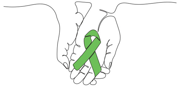 hands holding green ribbon, Lymphoma Cancer and mental health awareness, Gallbladder and Bile Duct Cancer. black and white continuous line art. Psychology matters. Psychological wellness