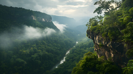 A jungle cliffside overlooking a river valley with mist rolling through the treetops.