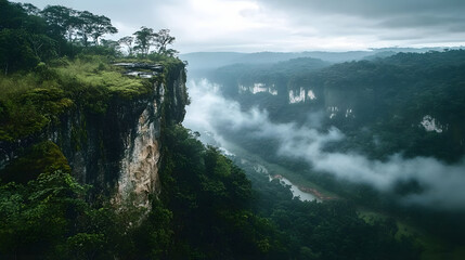 A jungle cliffside overlooking a river valley with mist rolling through the treetops.