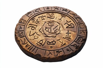 Circular wooden carving with ancient symbols.