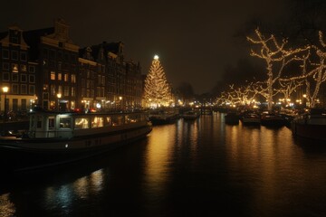 city at night with chrismas tree