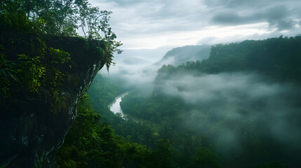 A jungle cliffside overlooking a river valley with mist rolling through the treetops.