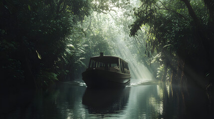 Fototapeta premium A jungle expedition boat traveling down a narrow river surrounded by dense overhanging trees.