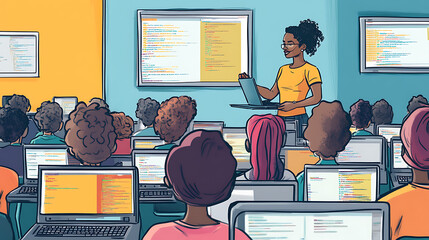 A confident woman leading a coding workshop in a classroom filled with laptops and screens 