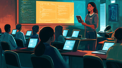 A confident woman leading a coding workshop in a classroom filled with laptops and screens 