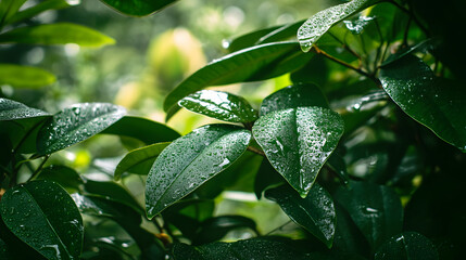 A jungle rainstorm with water cascading off leaves and creating a serene wet atmosphere.