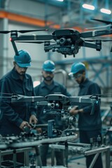 Fototapeta premium Engineers Conducting Quality Assurance on Drone Production Line for Advanced Manufacturing