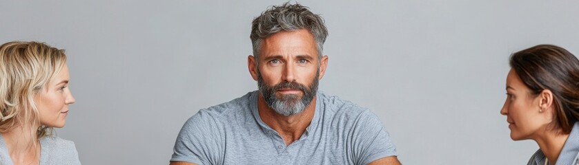 Fototapeta premium A man with a beard is seated between two women, all looking serious, against a neutral background.
