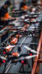 Fototapeta premium Engineers Testing Drones on Production Line for Quality and Stability in Manufacturing Process