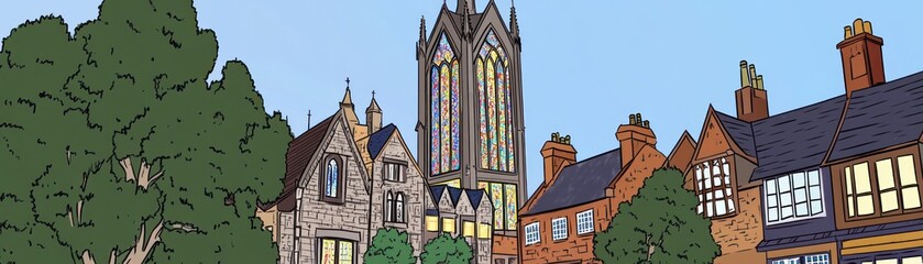 A colorful illustration of a quaint town with historical buildings and a large stained-glass window.